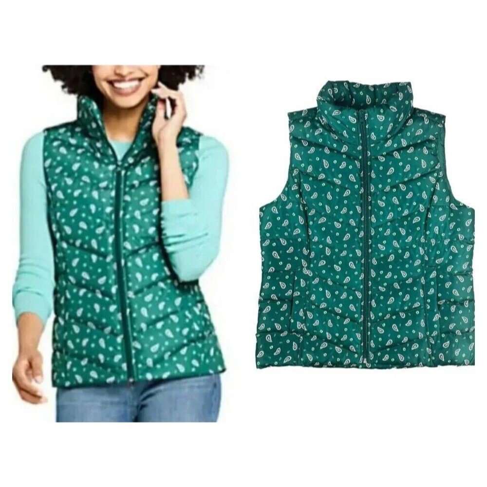 Lands' End Women's Green Paisley Full Zip Down Puffer Vest M (10-12) NWOT